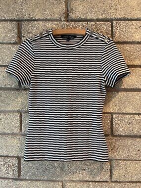 Striped Black & White Veronica Beard Button-Shoulder Crewneck Knit Top XS